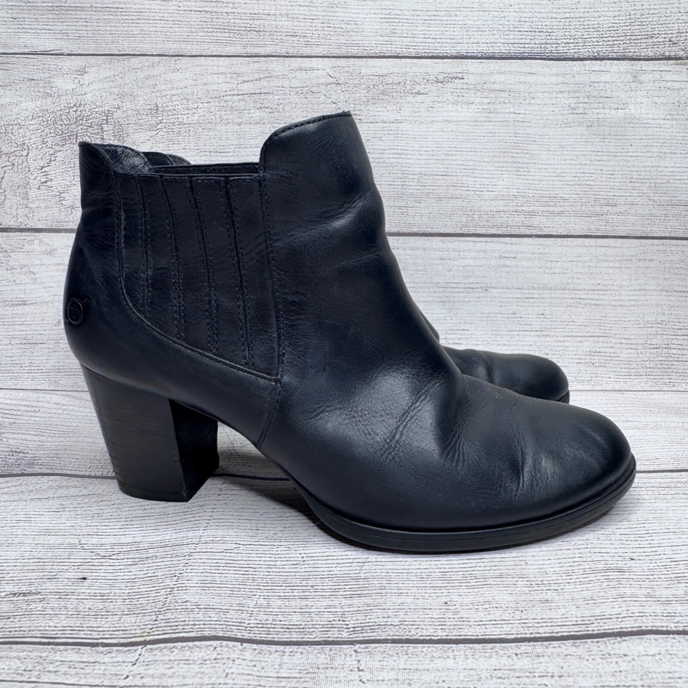 Born Kerri Black Leather Ankle Boots Stacked Block Heel Chelsea Booties Womens